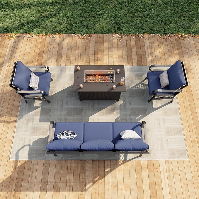4 Pieces Patio Furniture Set, Metal Outdoor Conversation Sets with Fire Pit Table for Backyard Garden Deck Porch Poolside (Thick Blue Cushions)