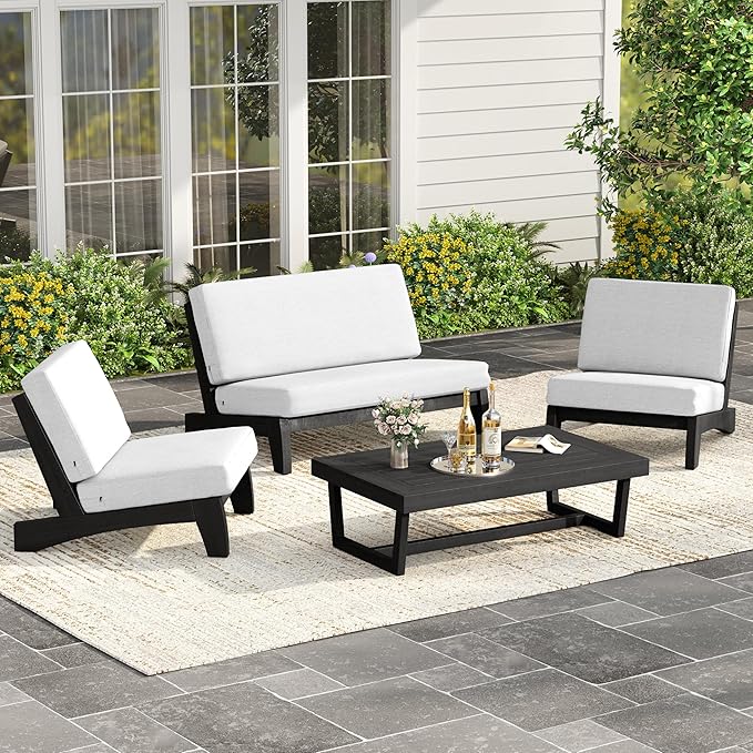 UIXE Black Wood Patio Furniture Sets, 4 Pieces All Weather Outdoor Sectional Futniture Patio Sofa Chair Backyard Conversation Set with Solid Wooden Coffee Table - Beige