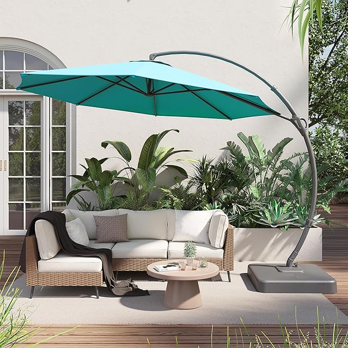LAUSAINT HOME 11FT Curvy Cantilever Patio Umbrella with Base, 360° Rotation Offset Outdoor Umbrella, Heavy Duty Hanging Umbrella for Backyard, Pool, Garden（Turquoise Blue）