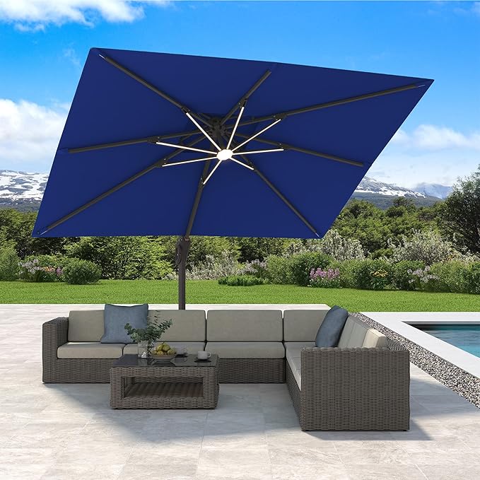 10' X 13' Cantilever Patio Umbrella with Base Included and Led Lights Double Top Rectangular Outdoor Large Offset Umbrellas with 7 Tilts Adjustable 360°Rotation for Deck Pool Garden Backyard, Navy