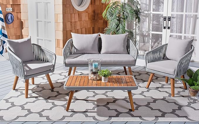SAFAVIEH PAT7074A Outdoor Ransin Rope 4-Piece Seat Cushions and Pillows Included Patio Set