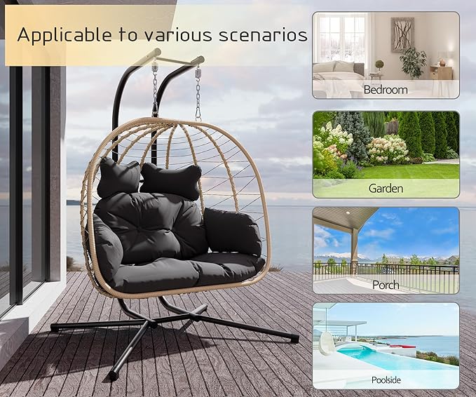 Double Indoor/Outdoor Wicker Swing Egg Chair Hammock Foldable Hanging Loveseat with Stand, UV Resistant Removable Cushions, 700LBS Capacity