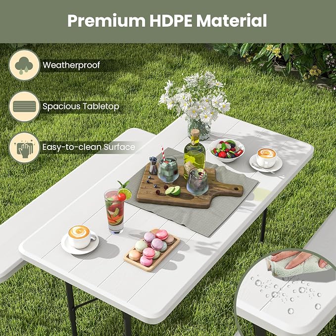 Tangkula Folding Picnic Table with 2 Benches, Outdoor Metal Camping Table Set with Plastic Wood-Like Texture Tabletop & Steel Frame, Foldable Camping Table for Picnic, Party, BBQ (White)