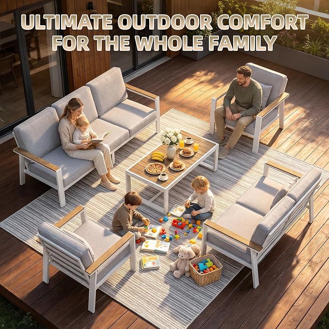 Premium Aluminum Patio Furniture Set 5 Piece,Outdoor Conversation Set with Wide Armrest,5" Thick Cushions, Olefin Fabric,Rustproof Metal Frame,Deep Seating Patio Sofa Set for Backyard,Deck,villa,White