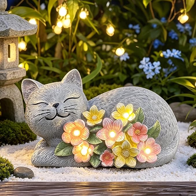 Solar Cat Outdoor Statue, Resin Solar Cat Lights with Flower for Outside, Garden Cats Figurine for Lawn Porch Yard Art - Birthday Gifts for Mom Grandma Women