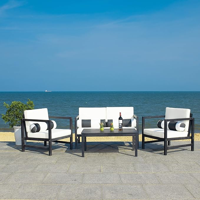 SAFAVIEH Outdoor Collection Montez Black/ Beige Cushions/ Striped Bolster Pillows 4-Piece Conversation Patio Set