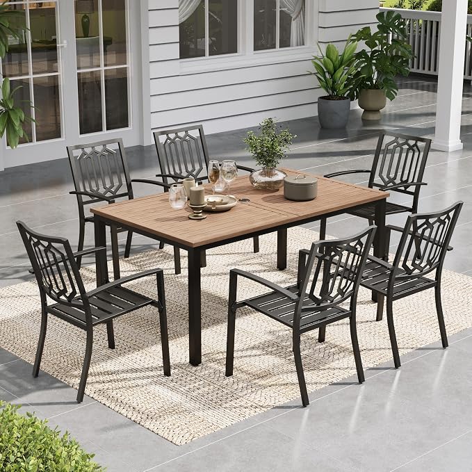 Sophia & William 7 Piece Outdoor Table and Chairs Patio Dining Set Metal Patio Table Furniture Set with Large Rectangular Dining Table for 6 Person and Stackable Outdoor Chairs Support 300LBS (Balck)