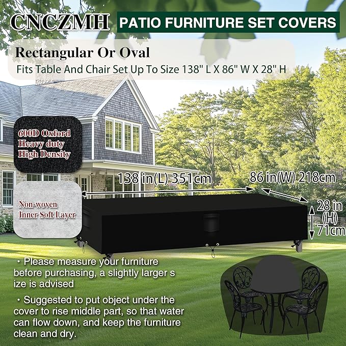Heavy Duty Patio Furniture Covers Waterproof, 600D Outdoor Furniture Cover Waterproof for Sectional Sofa Couch, Outdoor Dining Table and Chair Set Covers 138''L x 86''W x 28''H, Black