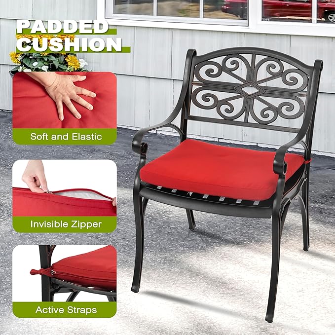 NUU GARDEN 5 Piece Outdoor Patio Dining Set, 42" Cast Aluminum, Round Patio Dining Table with 2.24" Umbrella Hole and Patio Dining Chairs with Cushions for Garden, Balcony, Bronze and Red
