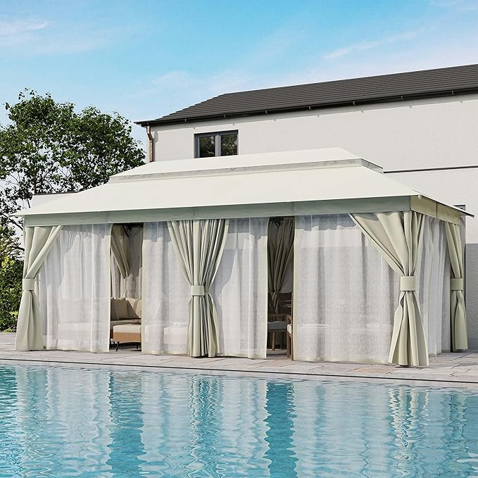 LAUSAINT HOME Patio Gazebo 10'x20', Outdoor Heavy Duty Party Tent Shelter with Double Roofs, Mosquito Nettings and Privacy Screens for Backyard, Garden, Lawn, Cream White