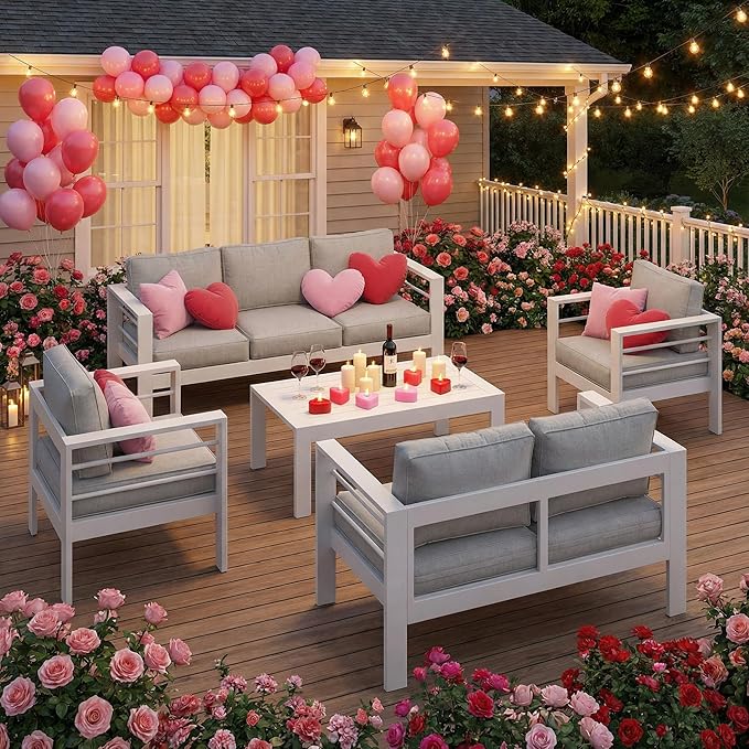 Outdoor Conversation Sets, Aluminum Patio Couch with Outdoor Coffee Table, All-Weather Metal Patio Couch with 5" Thick and Soft Cushion and Wide Arm, Outdoor Sofa Sets for Balcony, Porch, White