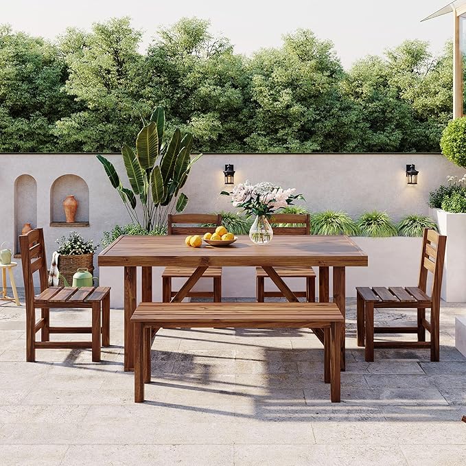 LUMISOL 6 Piece Patio Conversation Furniture Set, 6-Piece Outdoor Table Set with 4 Chairs and 1 Bench for 6 Persons, Acacia Wood Outdoor Table and Chair Set for Patio Balcony Backyard, Brown