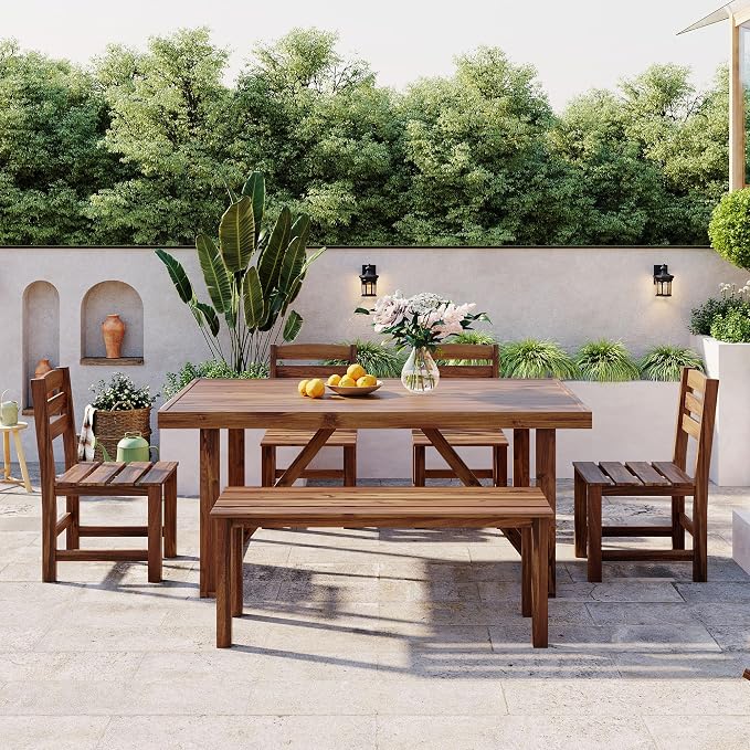 6 Person Outdoor Acacia Wood Dining Table Set, All Weather 6 Pieces Conversation Set, 60'' Rectangle Dining Table with 4 Chairs and Bench for Patio Backyard Garden Poolside Balcony (Brown-26)