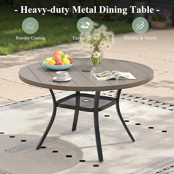 5 Pieces Outdoor Dining Set, Stackable Textilene Paito Chairs & 40.6" Round Dining Table with Umbrella Hole and Shelf, Patio Dining Set for Backyard, Deck, Garden, Grey