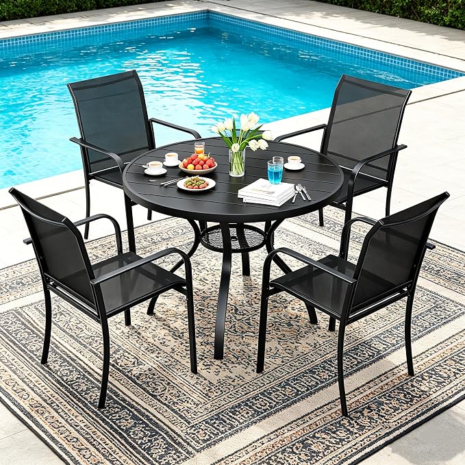 SUNCROWN 5 - Piece Outdoor Dining Set, Patio Furniture Set with 4 x Textilene Dinning Chairs and 41" Metal Round Table with Umbrella Hole for Lawn Garden Backyard Deck, Black