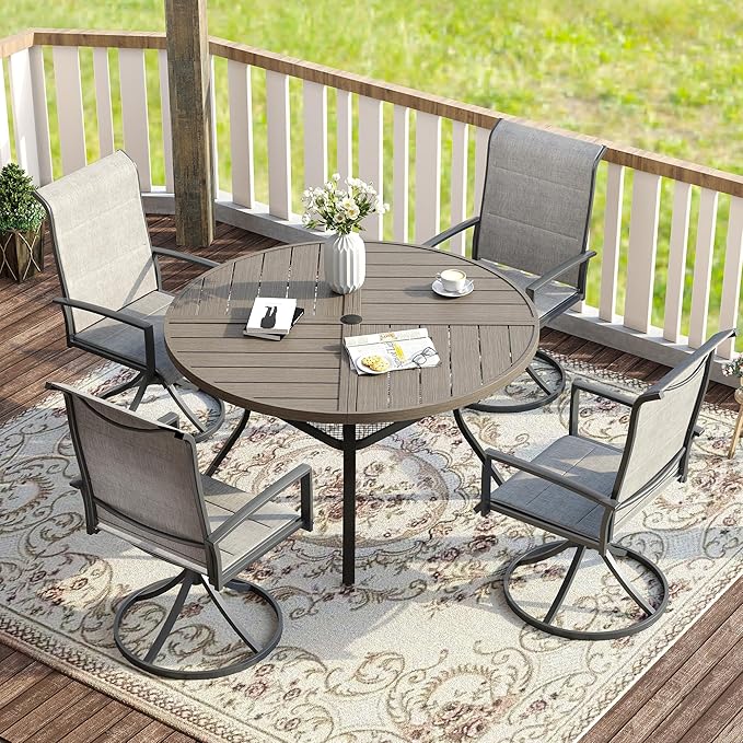 VICLLAX Patio Dining Set for 4, 4 Seats Outdoor Furniture Includes 40.7" Round Patio Table and Swivel Padded Chairs, Grey Wood Grain Tabletop and Grey Fabric