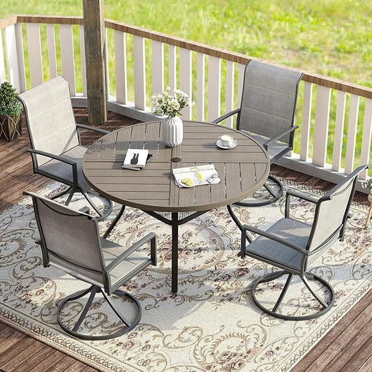 VICLLAX Patio Dining Set for 4, 4 Seats Outdoor Furniture Includes 40.7" Round Patio Table and Swivel Padded Chairs, Grey Wood Grain Tabletop and Grey Fabric
