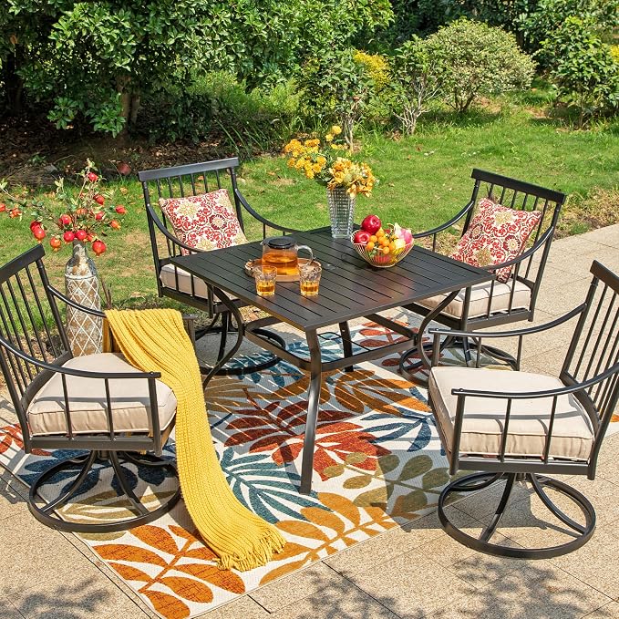 Sophia and William Patio Dining Set, for 4, Swivel Chairs | E-Coated and Steel, Square Table, Swivel Chirs, 1.57 umbrella hole, Weather-Resistant, Easy to Clean