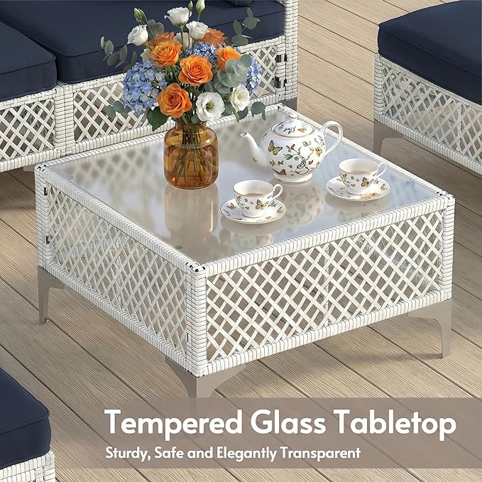 ENSTVER 5-Piece Outdoor Patio Furniture Set, Value Lightweight Boho Outdoor Sectional with Handwoven Wicker & Easy Assembly, Durable Outdoor Sofa for Small Patio, Balcony（Cushion Navy Blue）