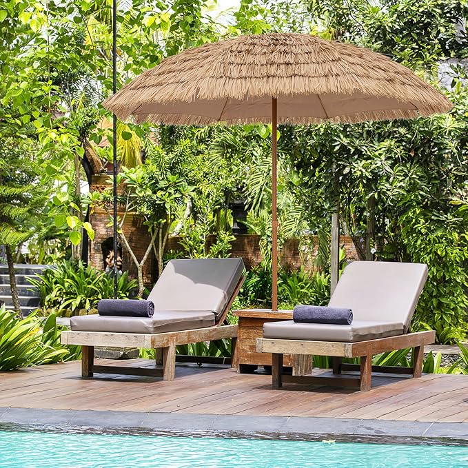 Tangkula 8Ft Tiki Patio Umbrella, UPF50+ Hawaiian Style Outdoor PE Grass Umbrella with 8 Ribs, Portable Thatched Beach Umbrella for Garden, Yard, Poolside