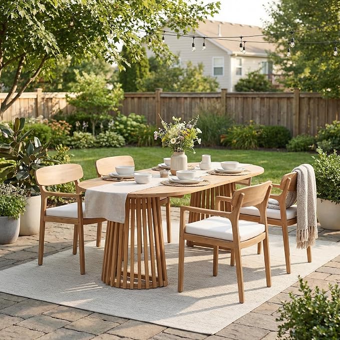 Christopher Knight Home Zoa Acacia Wood Dining Set for 4, Outdoor Dining Table with Dual Slatted Pedestal Bases, Outdoor Dining Chairs with Cushions, 5 Piece Patio Dinner Set, Beige/Teak