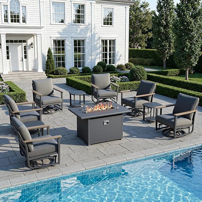 10Pcs Aluminum Patio Rocking Swivel Chair with 55,000 BTU Fire Pit Table Outdoor Bistro Set with Coffee Table, Patio Furniture Set with High Backrest & Thickened Cushions, Dark Grey