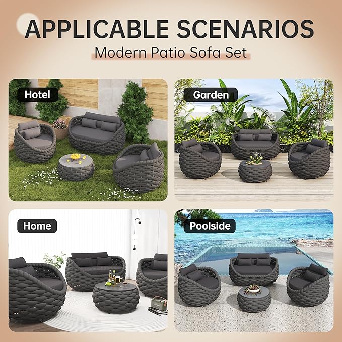 Patio Sofa Set for Outdoor and Indoor Use All-Weather Textilene 4 Pieces Conversation Set, Sectional Sofa and Coffee Table Aluminum Frame Garden Furniture (Dark Grey)