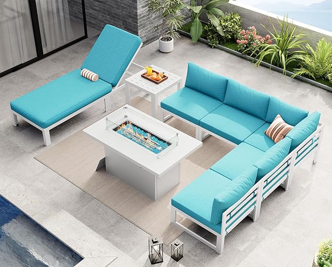 NICESOUL 8 Pcs Large Modern Aluminum Outdoor Sofa with Lounger & Fire Pit Table, 29" Deep Wide Seat, 500 lbs Durable Sectional Set for Heavy People, All Weather Patio Furniture Set for Backyard, Teal