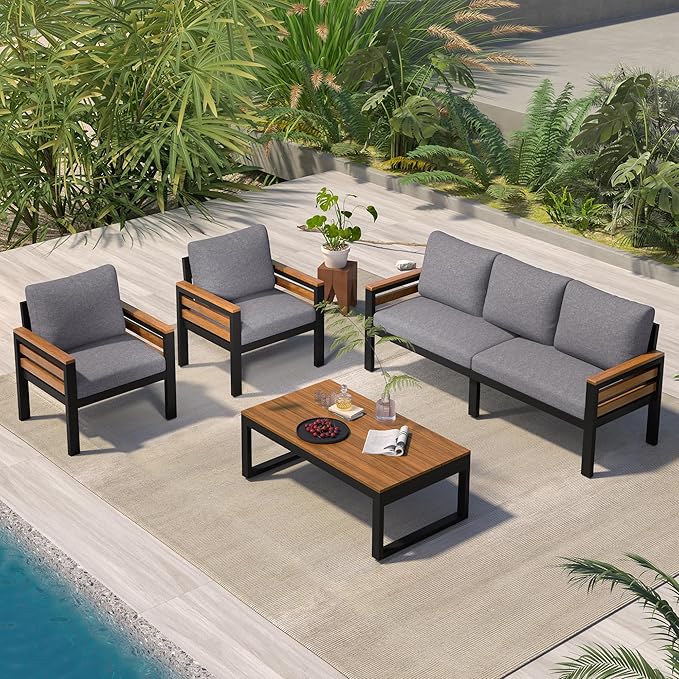 4-Piece Outdoor Patio Furniture Sectional Sofa Set with Acacia Wood Armrests, All-Weather Conversation Set with Removable Cushion and Solid Wood Coffee Table for Garden Backyard (Grey-TH)