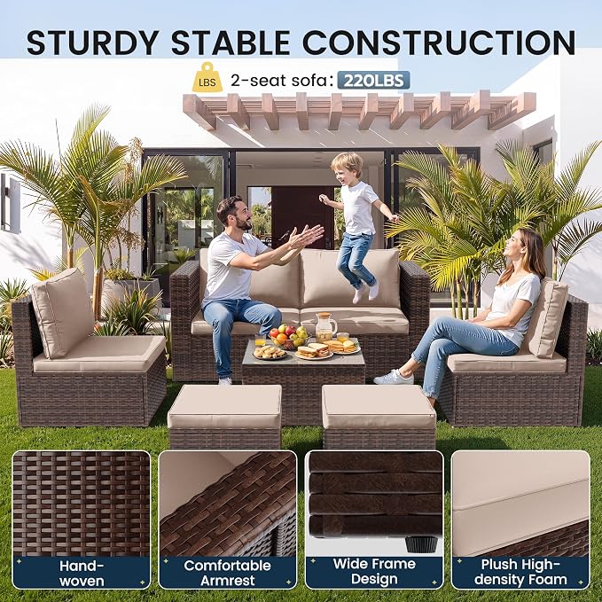 Amopatio Patio Furniture Set, Space-Saving Nestable All-Weather Wicker Outdoor Conversation Set with Glass Coffee Table, Cushions & Ottomans for Deck Backyard Porch Lawn Khaki