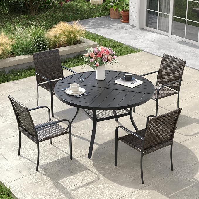 VICLLAX 5 Pieces Outdoor Dining Set, 4 Stakable Wicker Patio Chairs and 40.6" Patio Round Metal Table with Umbrella Hole for Backyard Lawn Garden, Black Tabletop