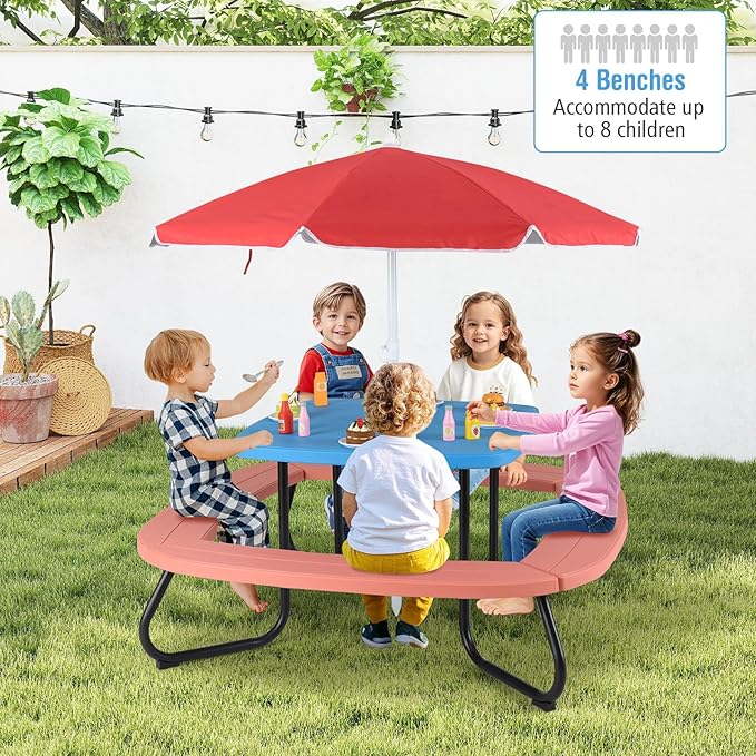 HONEY JOY Kids Picnic Table, 8 Person Toddler Outdoor Table and Chair Set, 4 Built-in Benches, Removable Umbrella, Metal Frame & HDPE Top, Children Outdoor Furniture for Backyard Patio Garden (Red)