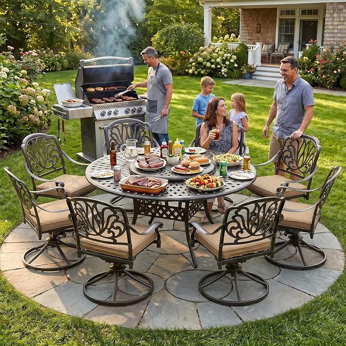 MEETWARM Outdoor 9-Piece Patio Dining Set, All-Weather Cast Aluminum Patio Conversation Set- 8 Cushioned Swivel Rocker, 61" Round Patio Dining Table w/Detachable Lazy Susan/Umbrella Hole, Dark Bronze