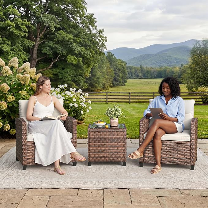 GarveeHome 3-Piece Outdoor Wicker Sofa Set, PE Rattan Patio Furniture with Removable Washable Beige Cushions & Tempered Glass Table, Conversation Seating for Garden, Poolside, Balcony, Brown Wicker
