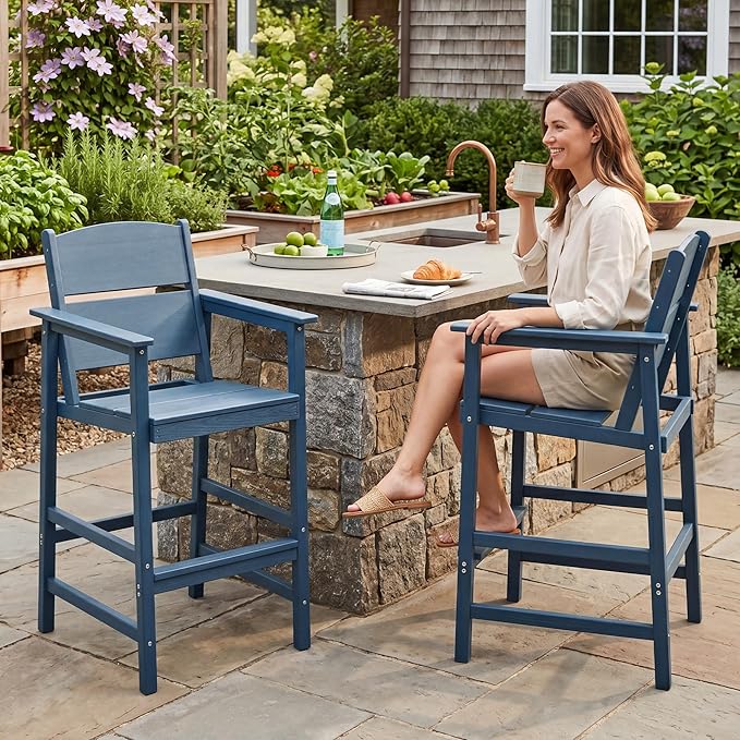 HDPE Outdoor Bar Chairs Set of 2, 28.5" Seat Height Bar Height Patio Stools with Armrest & Back, Heavy Duty All Weather High Top Chairs for Porch/Poolside/Deck, 400lb Capacity, Blue