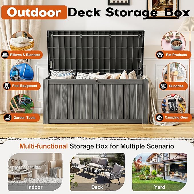 Outdoor Storage Box, Resin Deck Boxes Indoor and outdoor, Waterproof Storage Box Lockable Lid (Grey,150 Gallon)
