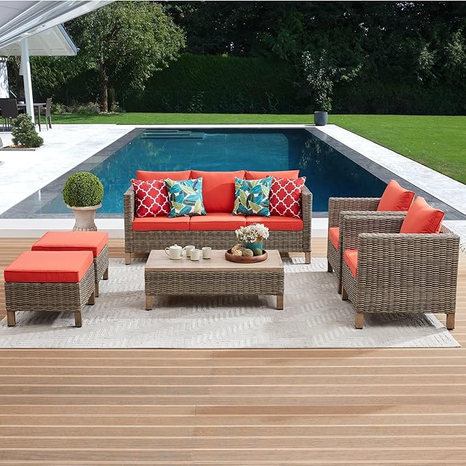 Sectional Sofa with Metal Top Coffee Table, 6 Pieces Conversation Set Reinforced Wicker Rattan Outdoor Furniture for Garden, Patio, Poolside, Porch PE Rattan Sofa (Red)