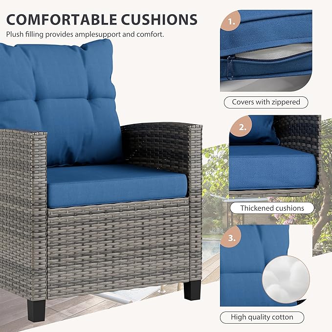 Vongrasig 3 Pieces Patio Furniture Set Small Outdoor Wicker Rattan Front Porch Bistro Set Cushioned Patio Chairs Conversation Set with Glass Table for Lawn, Garden, Backyard, Balcony, Blue