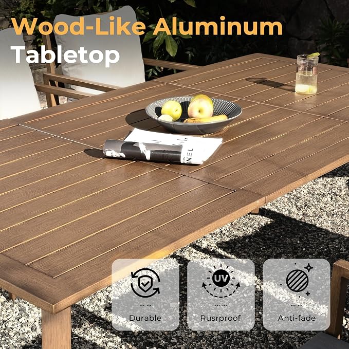 HAPPATIO Outdoor Dining Set, 9-Piece Patio Aluminum Dining Set with Wood-Like Hand-Painted Finish, 8 Swivel Rockers with Waterproof Cushions, Easy Assembly for Backyard, Garden, Porch,Grey Cushion