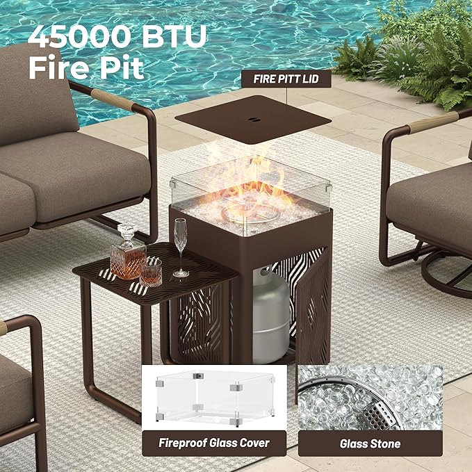 MBY Outdoor Aluminum Patio Furniture Set, 5-Seats Patio Conversation Sofa Set with 45,000 BTU Fire Pit Table w/Glass Wind Guard, All Weather for Balcony, Garden-Brown