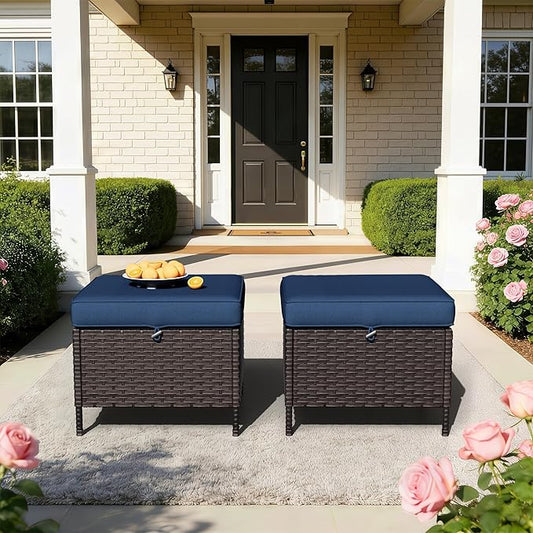 Wicker Ottomans with Cushions, Patio PE Rattan Furniture Set with Weather-Resistant Cushions for Porch, Backyard, Deck, Sunroom (Navy Blue)