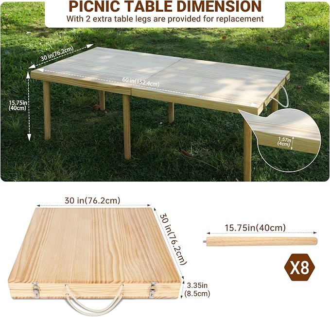 Boho Wooden Low Picnic Table, 60" x 30" Portable Foldable Beach Picnic Table for 6-8 People to Beach, BBQ, Camping, Party, Garden, Outdoor, Indoor (Extra Large)