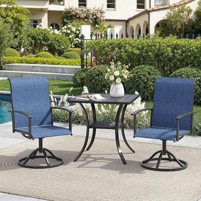 3 Pieces Outdoor Patio Dining Bar Set, 27.6" All Weather Square Metal Slatted Table with Storage Shelf and 2 High Back Textilene Swivel Chairs for Garden, Lawn, Black Table & Blue Chairs