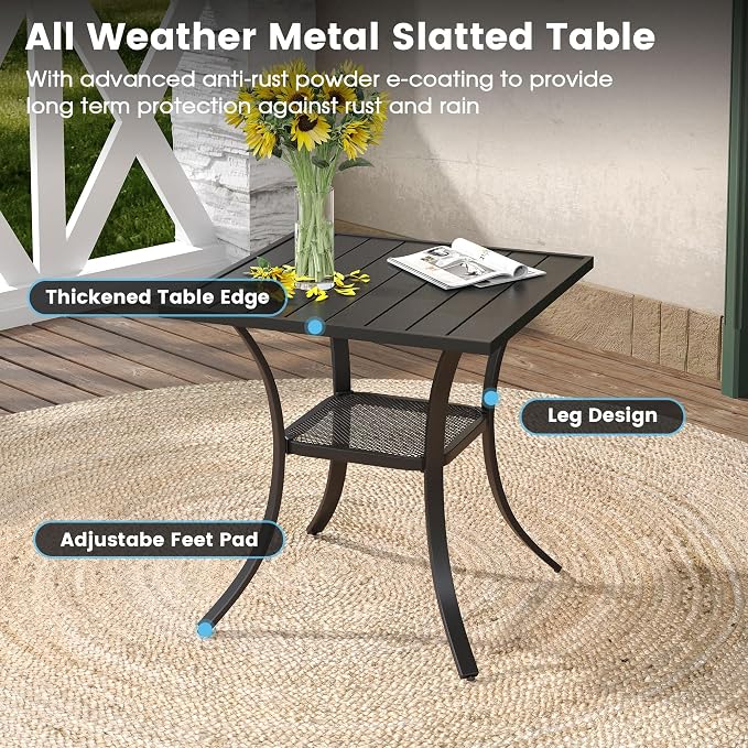 DIFY 3-Piece Outdoor Patio Bistro Dining Set, Black Small Square Dining Table & 2 Brown Stackable Metal Chairs with Breathable Fabric, Outdoor Furniture Set for Balcony, Porch, and Deck