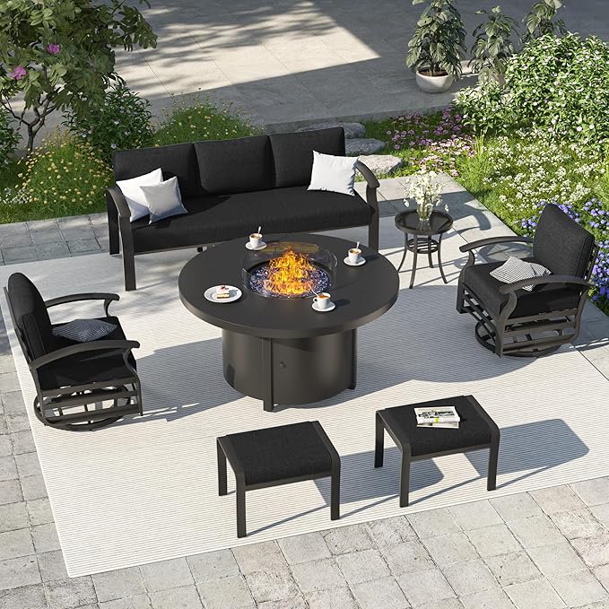 ALAULM Aluminum Patio Furniture Set with Round Propane Fire Pit Table 7-seat Metal Outdoor Furniture w/Swivel Chairs & 2 Ottomans Patio Sectional Sofas for Patio, Lawn, Poolside（Black