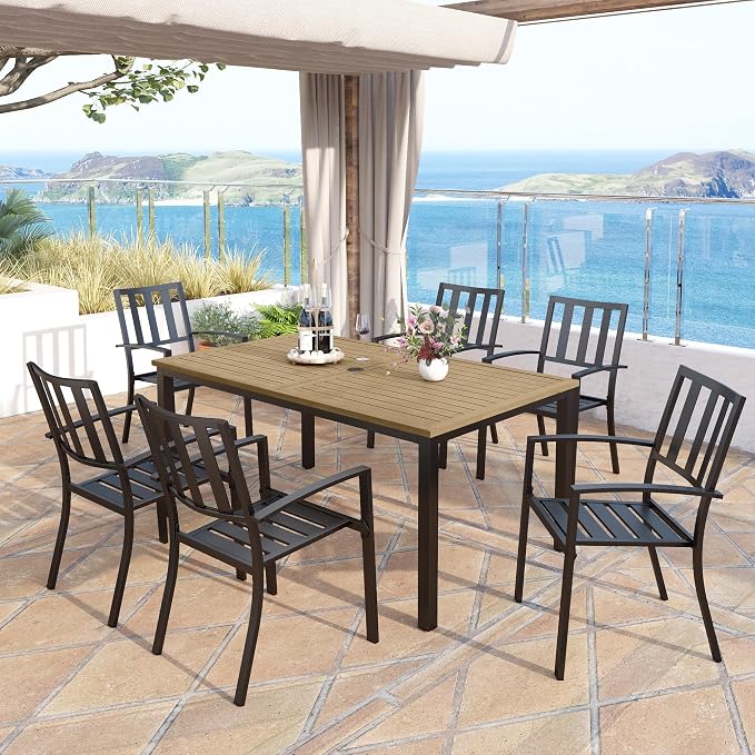 MFSTUDIO Outdoor Dining Set for 6, Patio Dining Set with Umbrella Hole, 7 Piece Metal Patio Table and Chairs Set for Deck Backyard Poolside Garden