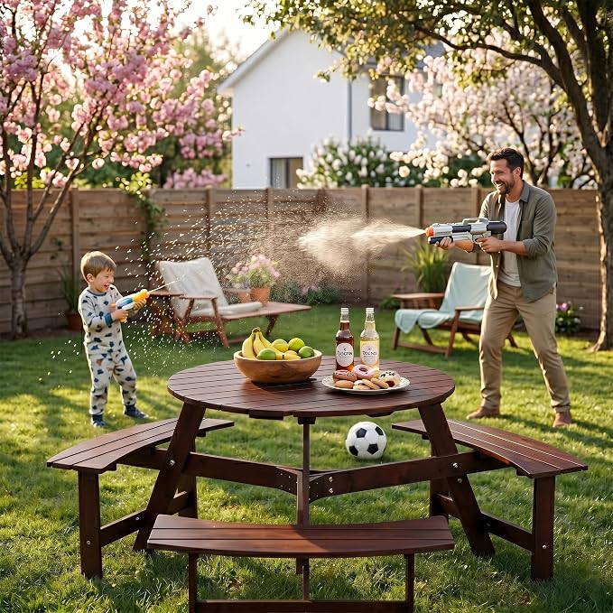 6 Person Wood Picnic Table, Outdoor Round Dining Table with 3 Built-in Benches, Umbrella Hole, Outside Patio Backyard Table and Bench Set, 500lbs Capacity Per Bench(Brown)