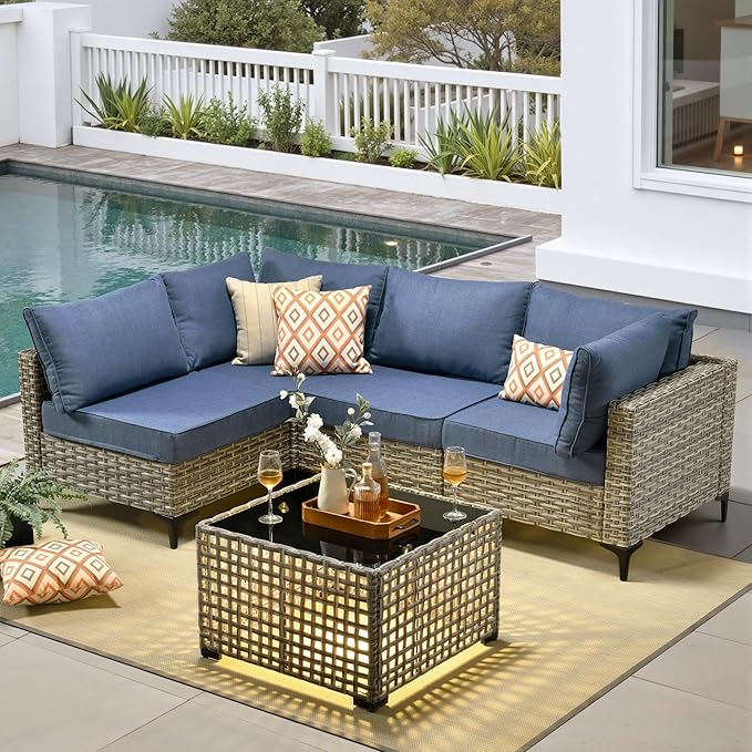 5 Pieces Patio Furniture Set with Solar Light Coffee Table, All-Weather Rattan Outdoor Sectional Conversation Sets L Shaped Sofas for Outside Porch Balcony Backyard Denim Blue