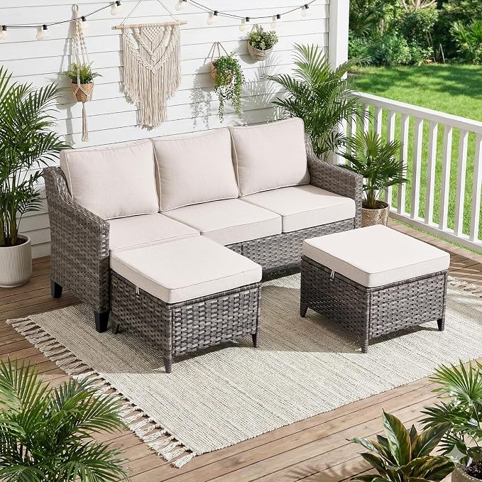 Luxury Patio Furniture Sofa Set - 3 Pieces All Weather Wicker Outdoor Couch and High Back Patio Sofa with 2 footstools for Deck Yard and Poolside Gray Wicker | Beige Cushions