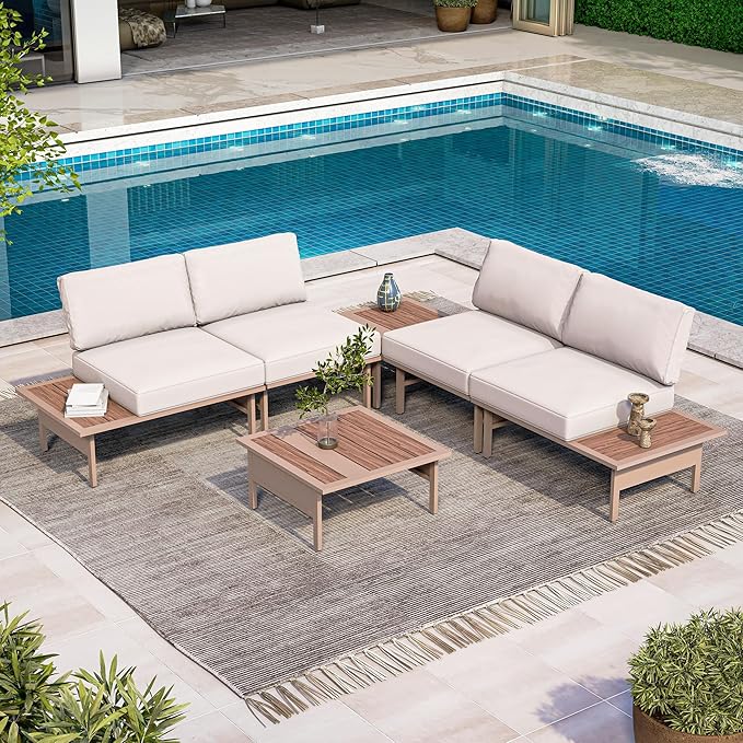 LAUSAINT HOME 6 Pieces Patio Furniture Set, Outdoor Metal Frame Patio Conversation Sets with Coffee Table & Thick Cushions for Garden, Poolside, Backyard(Beige)
